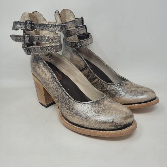 Freebird By Steven Shoes 11 Silver Pewter Leather Ankle Strap Heels Randi NEW - Picture 1 of 10